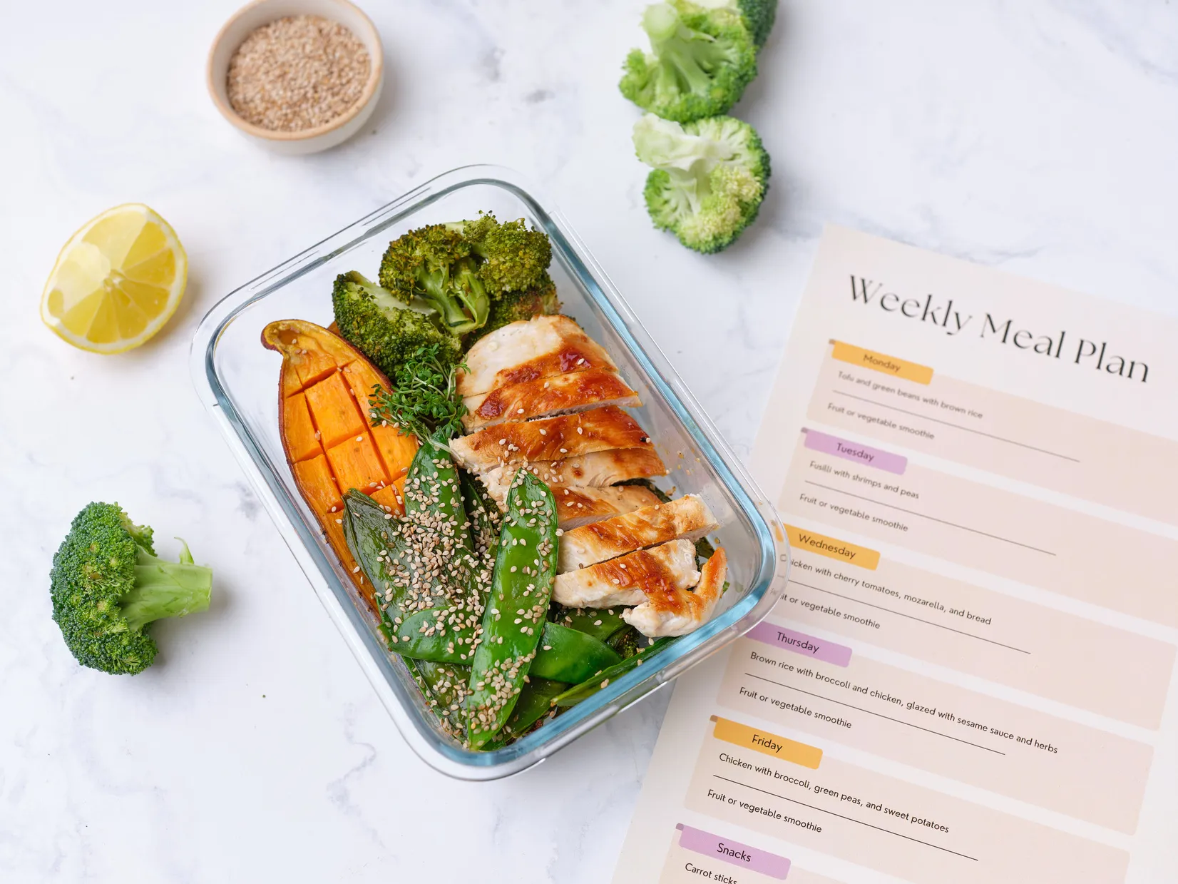 A healthy prepared meal of chicken, sweet potato and greens beside a weekly meal plan
